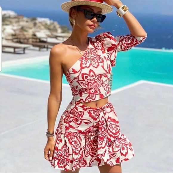 Zara Bloggers Favorite Print Poplin One Shoulder Top + Mini Skirt Set Size S - Picture 2 of 16